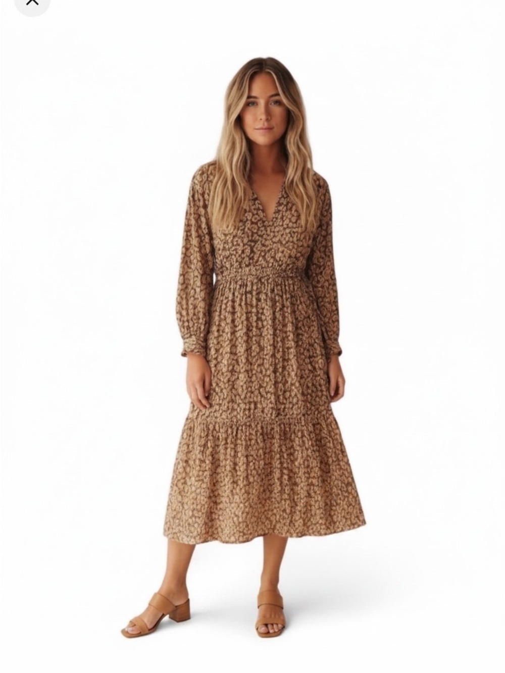 Rails Maple Leopard Print Long Sleeve Flowy Tiered Midi Dress Brown, Size XS